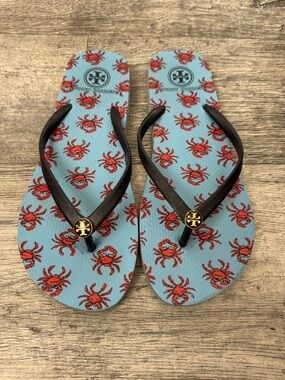 Tory Burch Blue Flip Flops with Red Crab Print